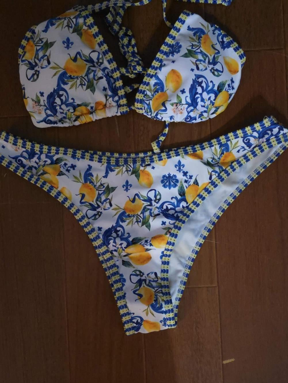 Yellow Lemon Print Bikini Set with Blue Accents